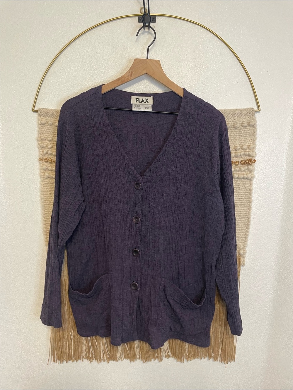 FLAX by Jeanne Engelhart Women's Purple Button-Front Crinkle Linen Cardigan S